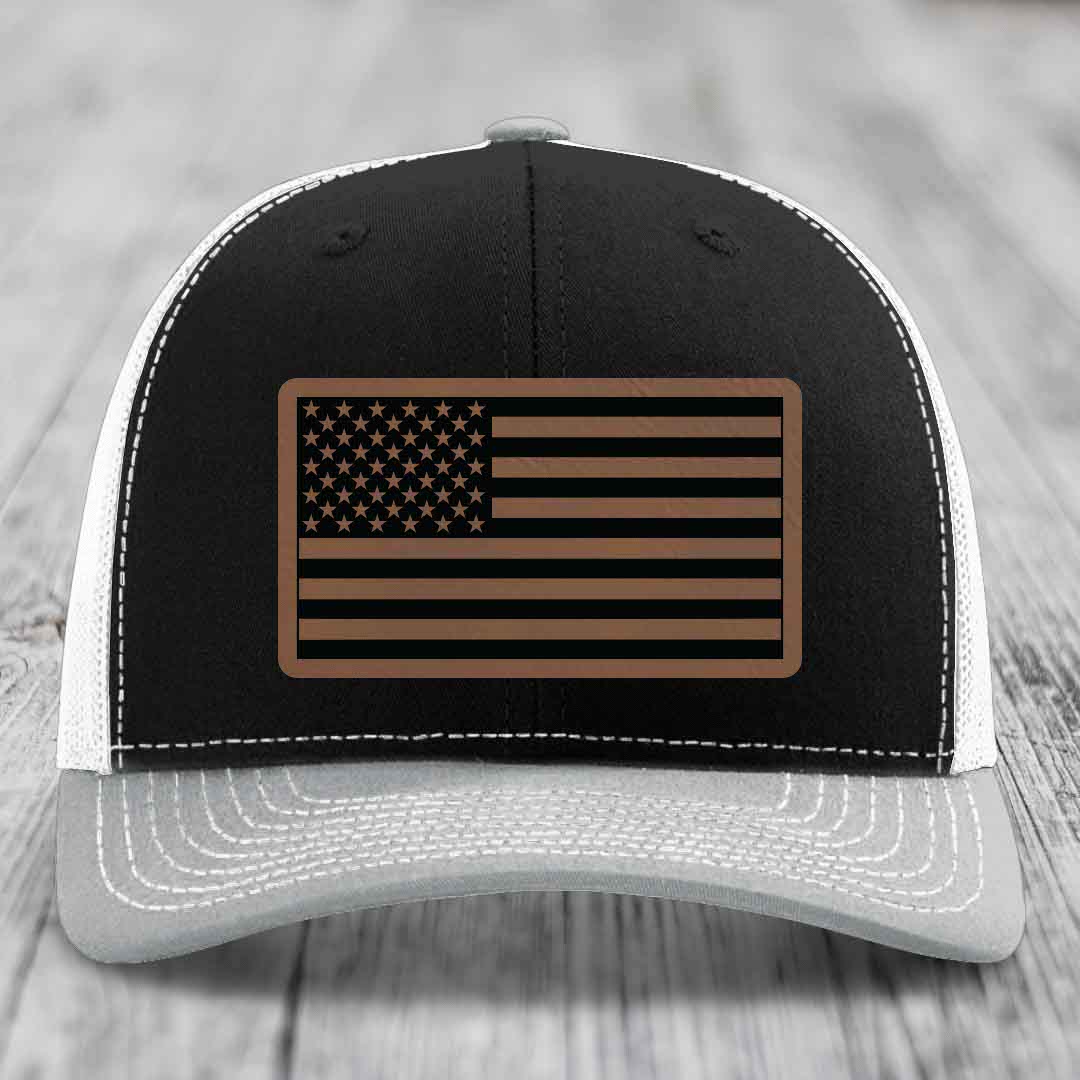 American Flag - Leather Patch Hat - Dark Brown to Black Patch - Richardson 112 Snapback Trucker Hat