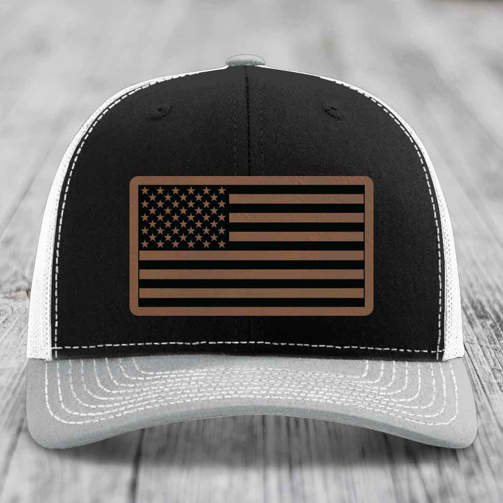 American Flag - Leather Patch Hat - Dark Brown to Black Patch - Richardson 112 Snapback Trucker Hat