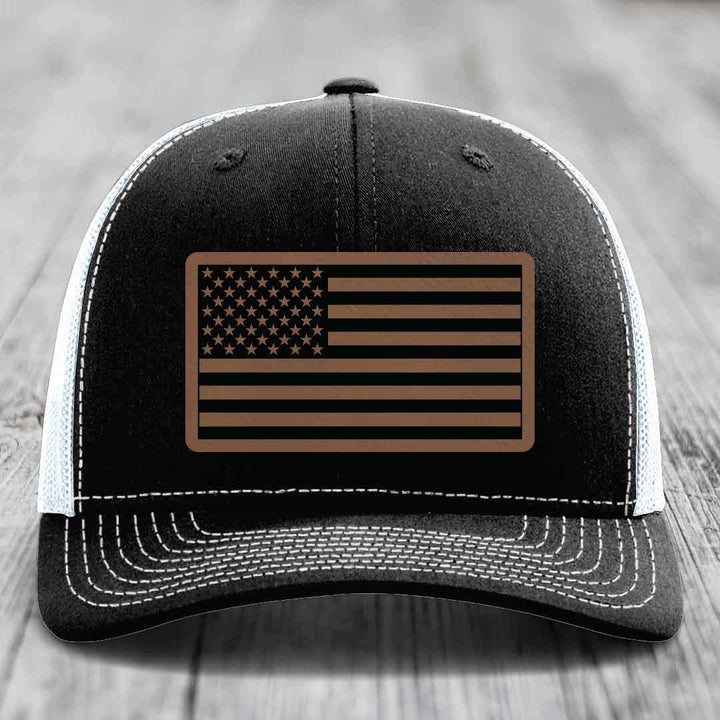 American Flag - Leather Patch Hat - Dark Brown to Black Patch - Richardson 112 Snapback Trucker Hat