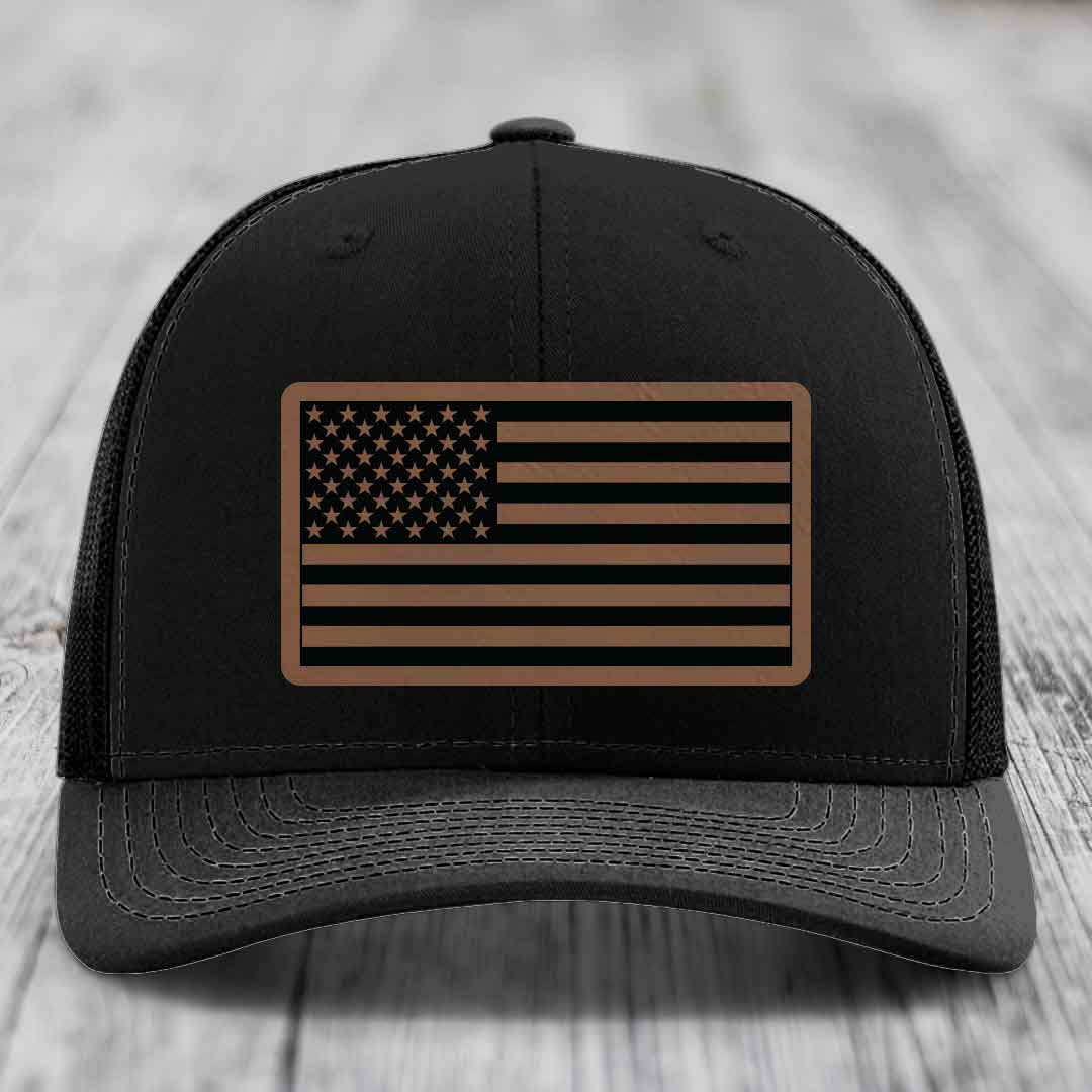American Flag - Leather Patch Hat - Dark Brown to Black Patch - Richardson 112 Snapback Trucker Hat
