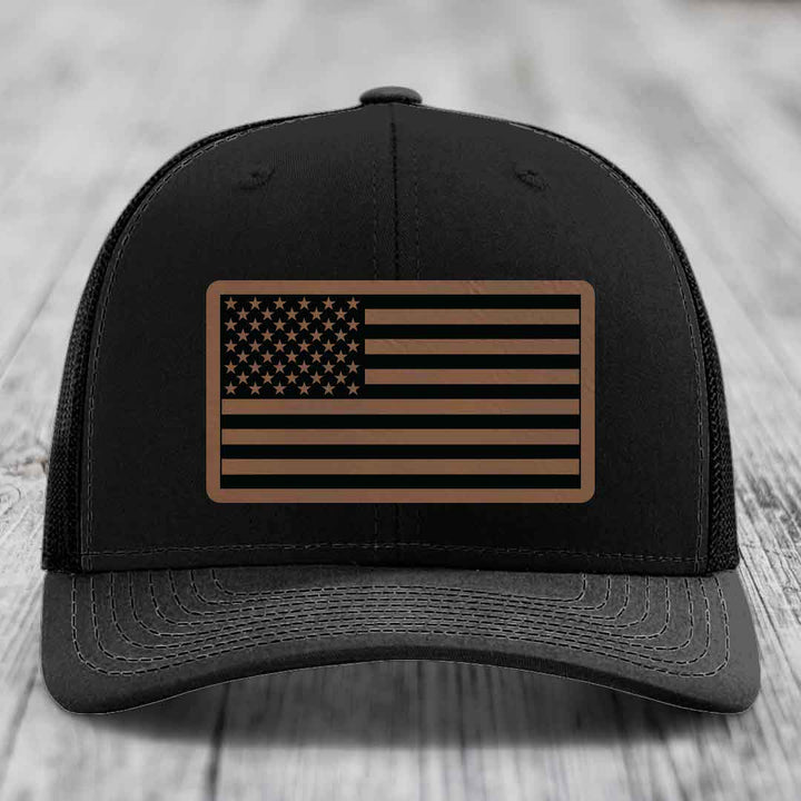 American Flag - Leather Patch Hat - Dark Brown to Black Patch - Richardson 112 Snapback Trucker Hat