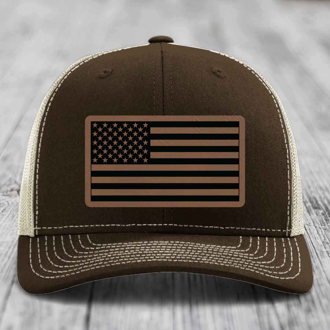 American Flag - Leather Patch Hat - Dark Brown to Black Patch - Richardson 112 Snapback Trucker Hat