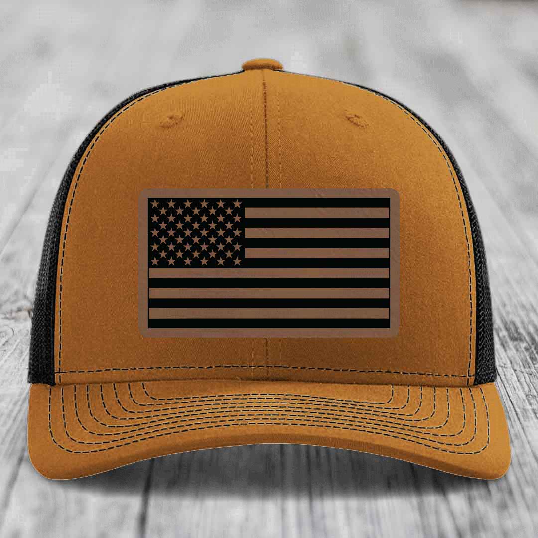 American Flag - Leather Patch Hat - Dark Brown to Black Patch - Richardson 112 Snapback Trucker Hat
