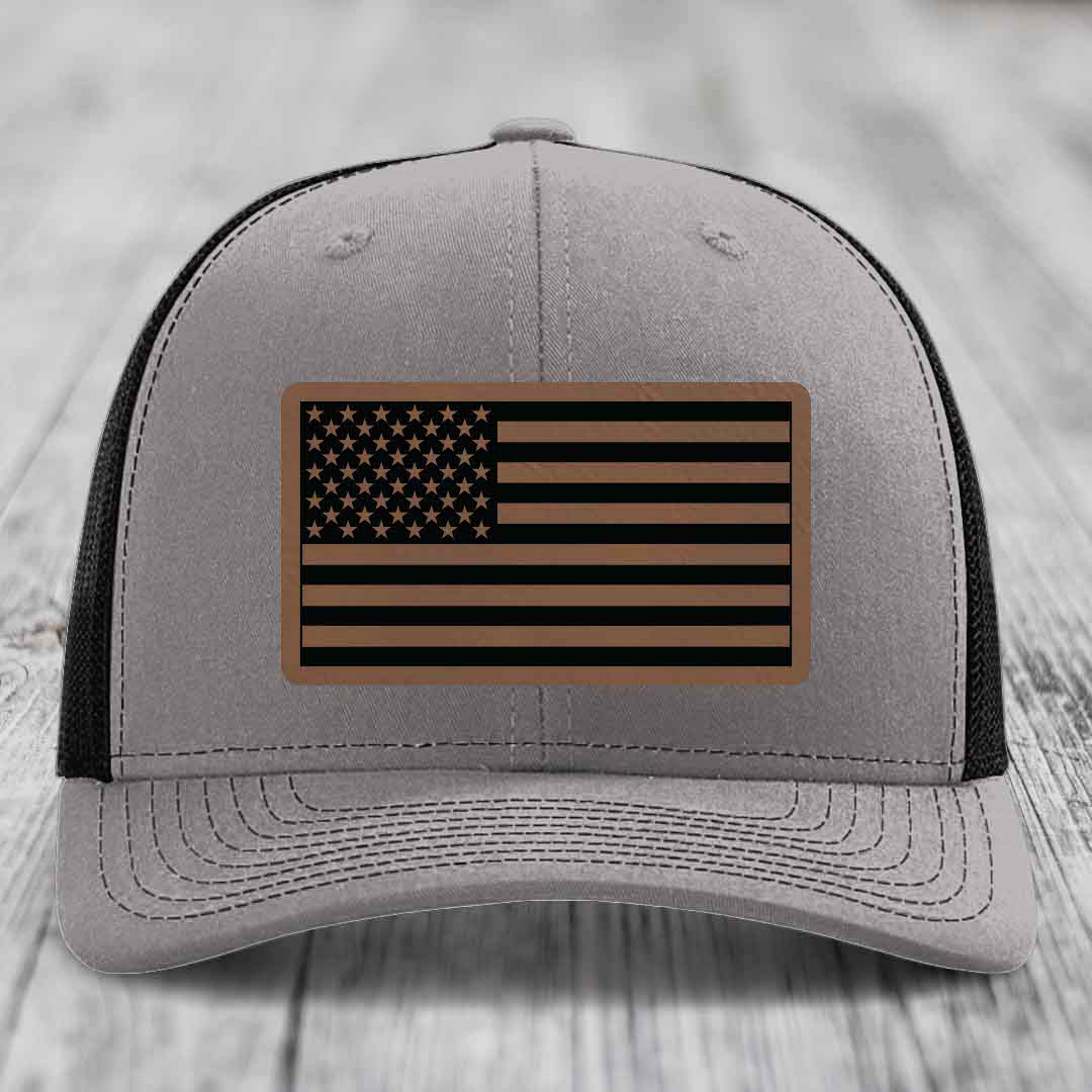 American Flag - Leather Patch Hat - Dark Brown to Black Patch - Richardson 112 Snapback Trucker Hat