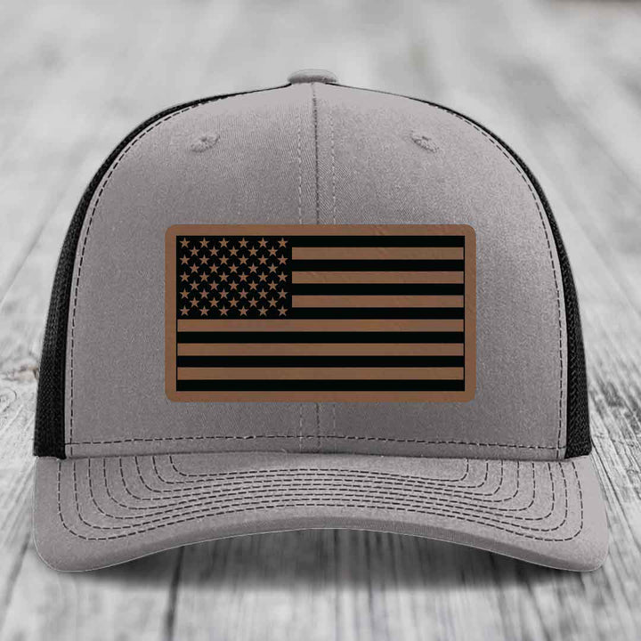 American Flag - Leather Patch Hat - Dark Brown to Black Patch - Richardson 112 Snapback Trucker Hat