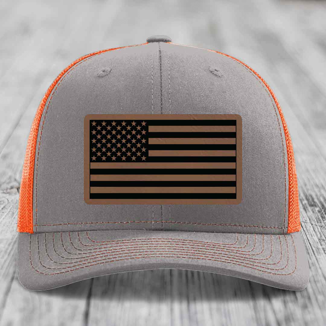 American Flag - Leather Patch Hat - Dark Brown to Black Patch - Richardson 112 Snapback Trucker Hat