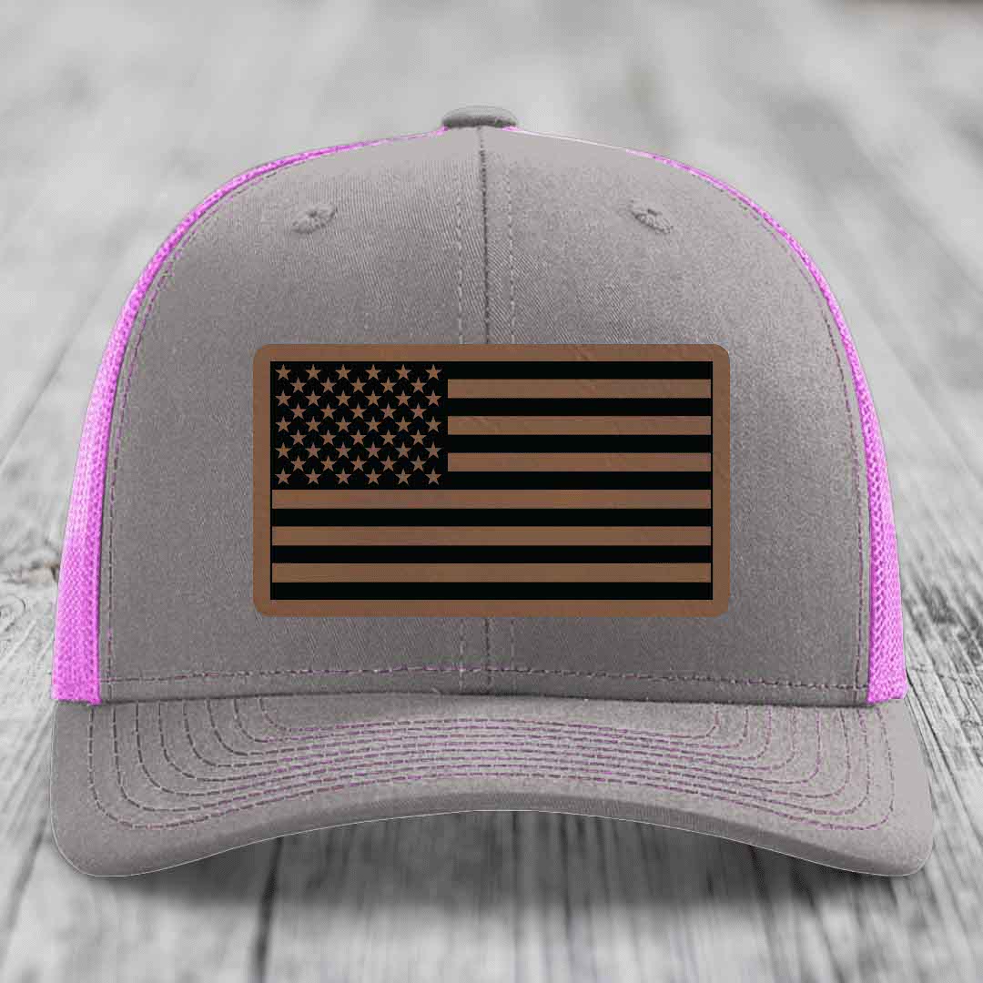 American Flag - Leather Patch Hat - Dark Brown to Black Patch - Richardson 112 Snapback Trucker Hat