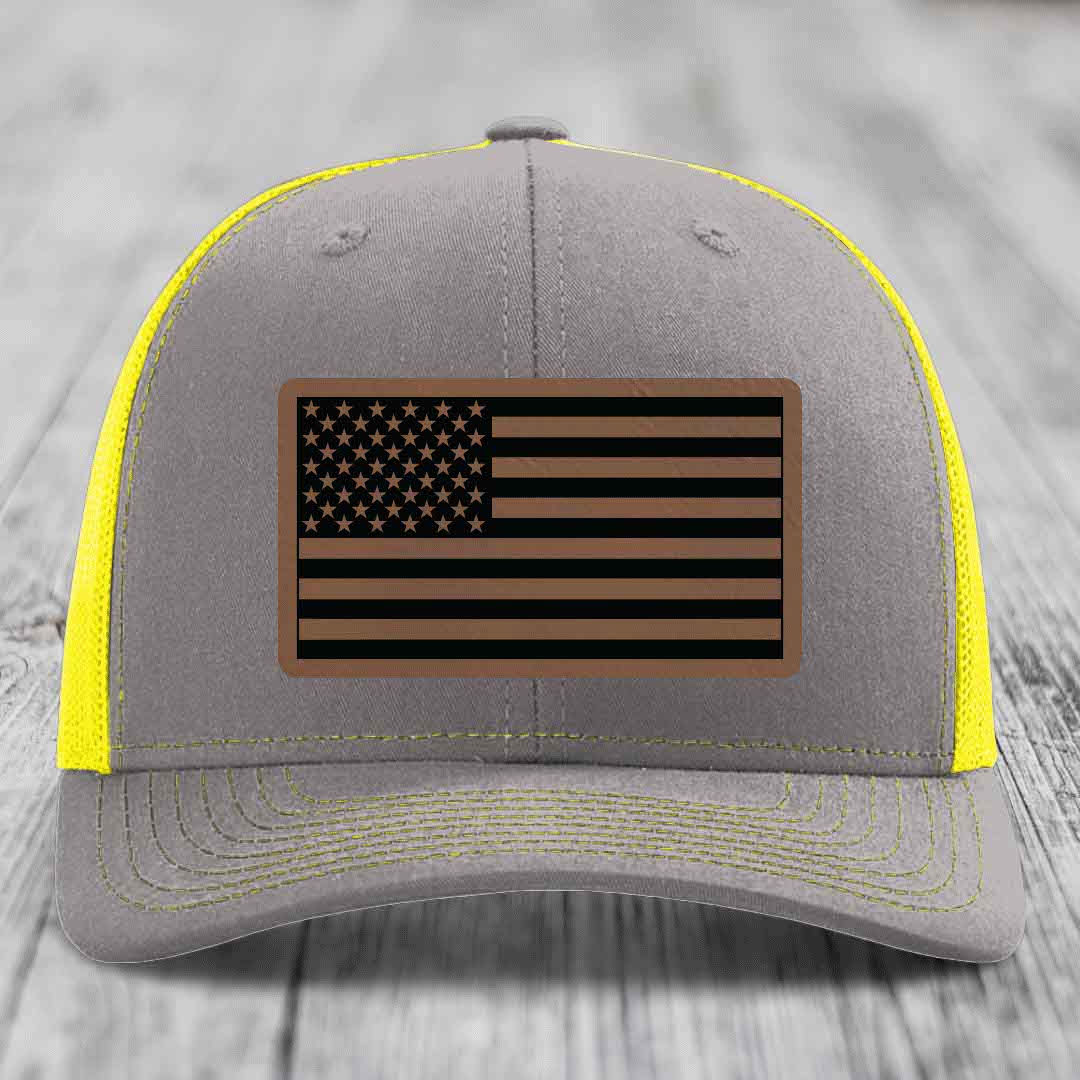 American Flag - Leather Patch Hat - Dark Brown to Black Patch - Richardson 112 Snapback Trucker Hat