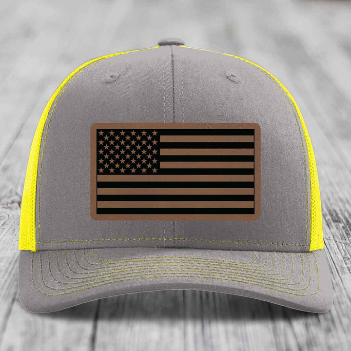 American Flag - Leather Patch Hat - Dark Brown to Black Patch - Richardson 112 Snapback Trucker Hat