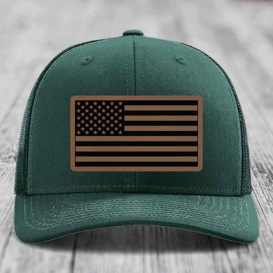 American Flag - Leather Patch Hat - Dark Brown to Black Patch - Richardson 112 Snapback Trucker Hat