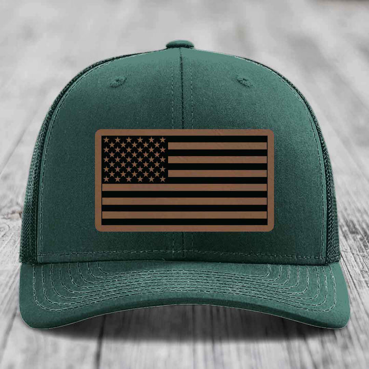 American Flag - Leather Patch Hat - Dark Brown to Black Patch - Richardson 112 Snapback Trucker Hat