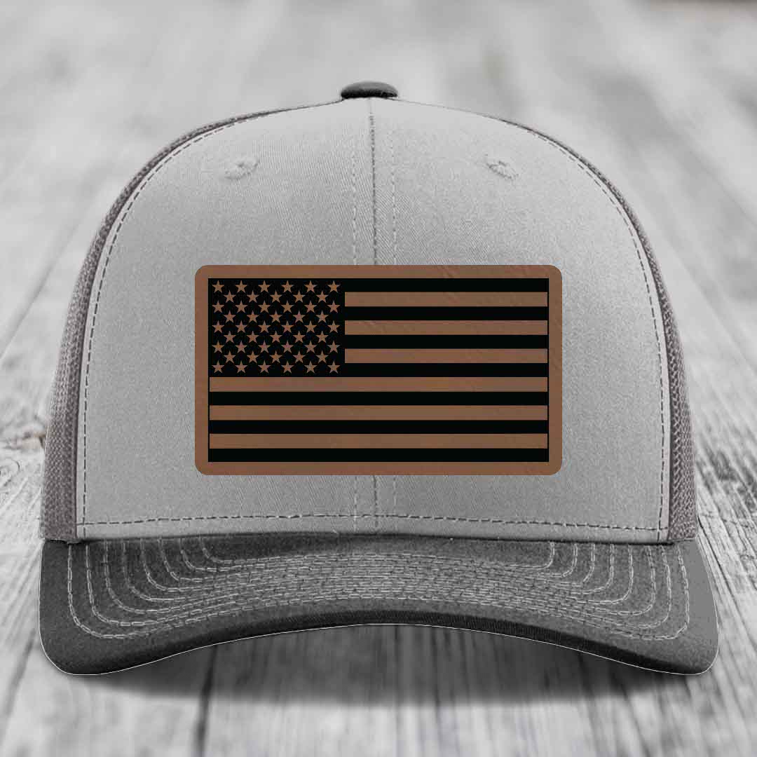 American Flag - Leather Patch Hat - Dark Brown to Black Patch - Richardson 112 Snapback Trucker Hat