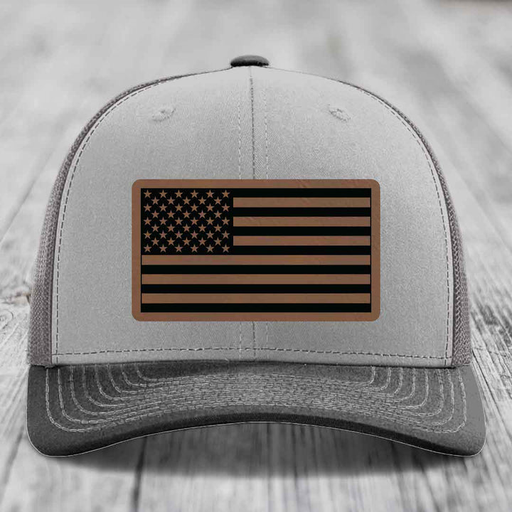 American Flag - Leather Patch Hat - Dark Brown to Black Patch - Richardson 112 Snapback Trucker Hat
