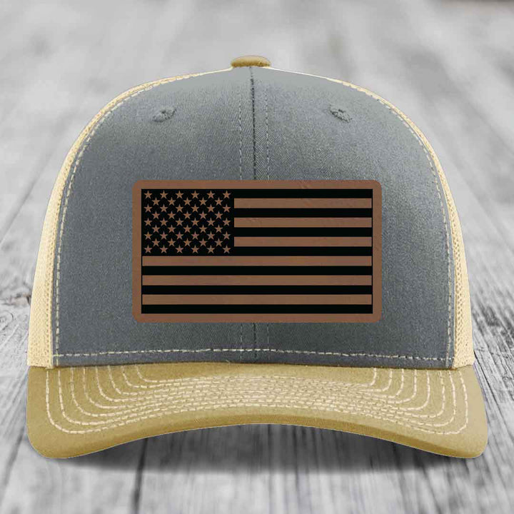 American Flag - Leather Patch Hat - Dark Brown to Black Patch - Richardson 112 Snapback Trucker Hat