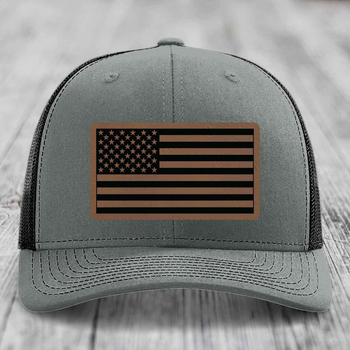 American Flag - Leather Patch Hat - Dark Brown to Black Patch - Richardson 112 Snapback Trucker Hat