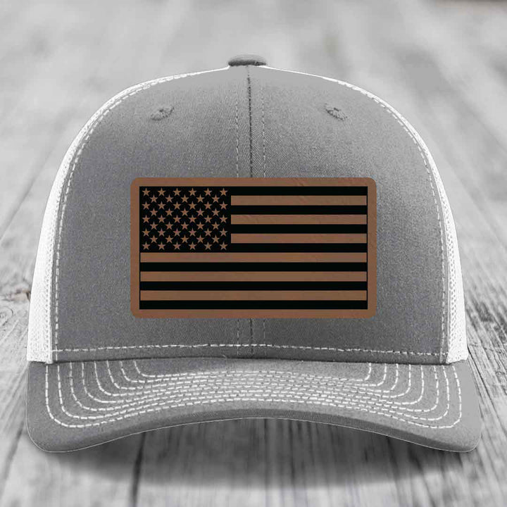American Flag - Leather Patch Hat - Dark Brown to Black Patch - Richardson 112 Snapback Trucker Hat