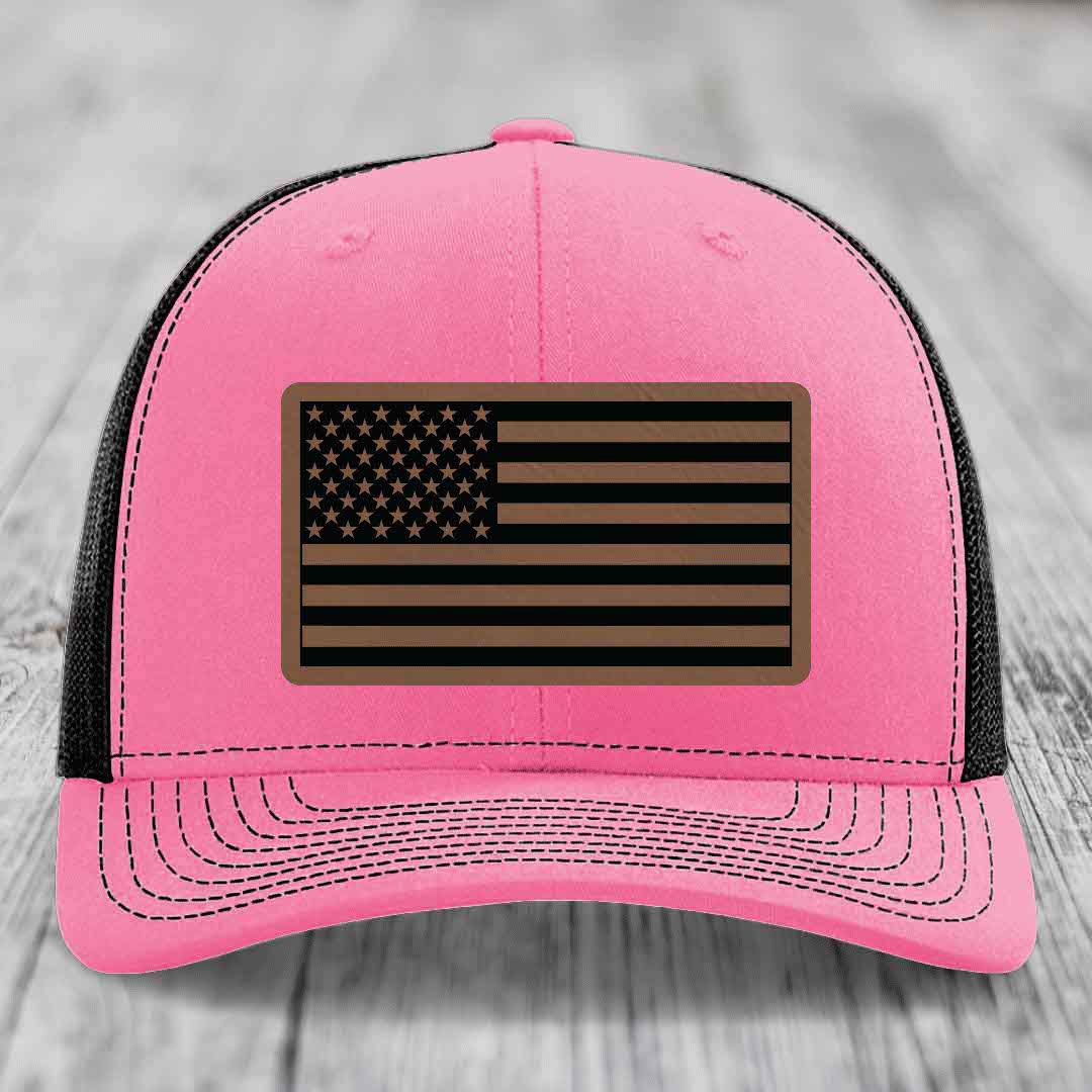 American Flag - Leather Patch Hat - Dark Brown to Black Patch - Richardson 112 Snapback Trucker Hat