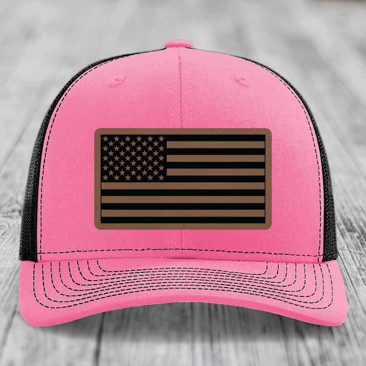 American Flag - Leather Patch Hat - Dark Brown to Black Patch - Richardson 112 Snapback Trucker Hat