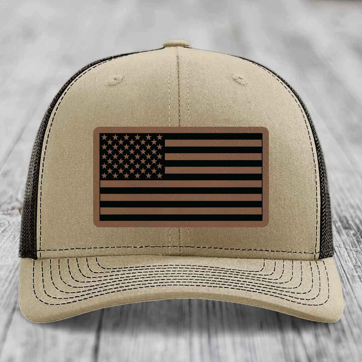 American Flag - Leather Patch Hat - Dark Brown to Black Patch - Richardson 112 Snapback Trucker Hat