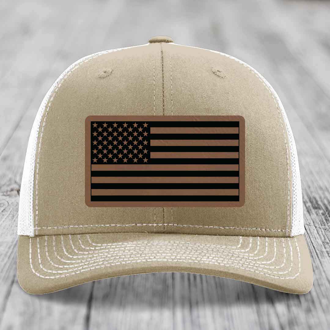 American Flag - Leather Patch Hat - Dark Brown to Black Patch - Richardson 112 Snapback Trucker Hat
