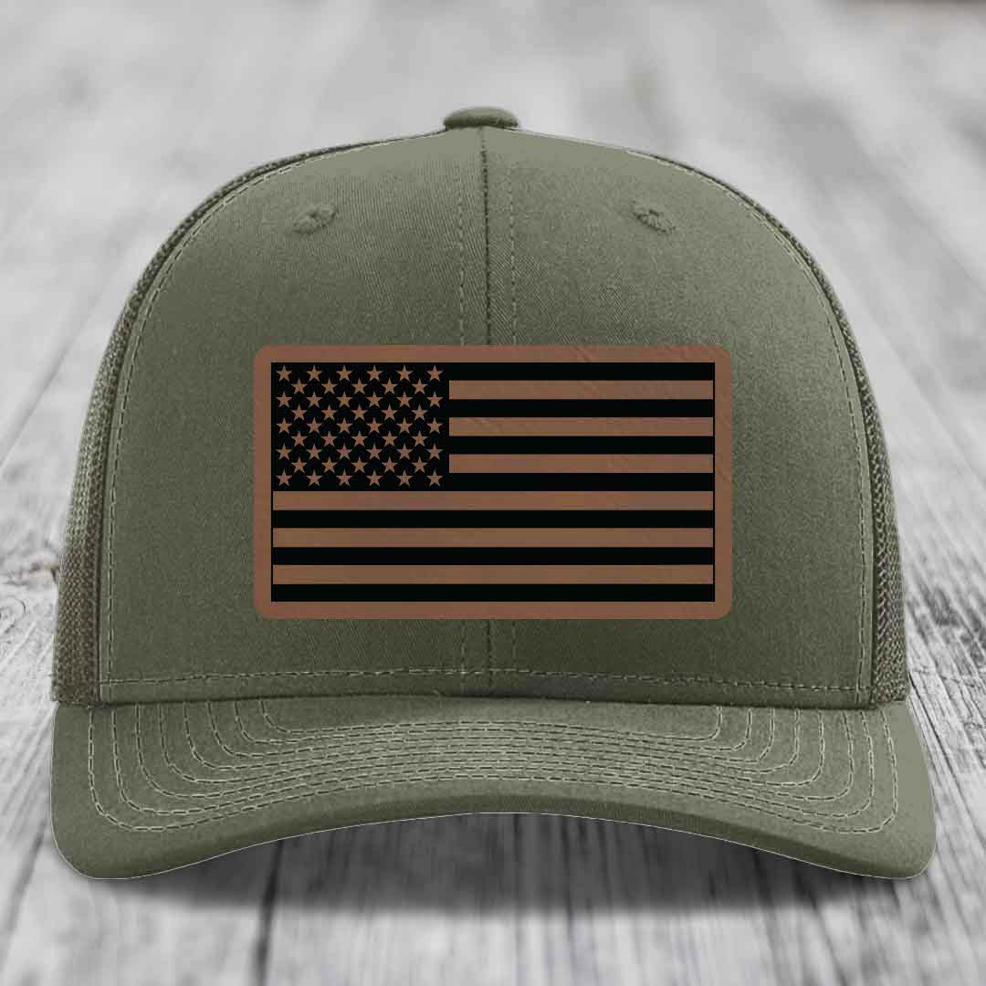 American Flag - Leather Patch Hat - Dark Brown to Black Patch - Richardson 112 Snapback Trucker Hat