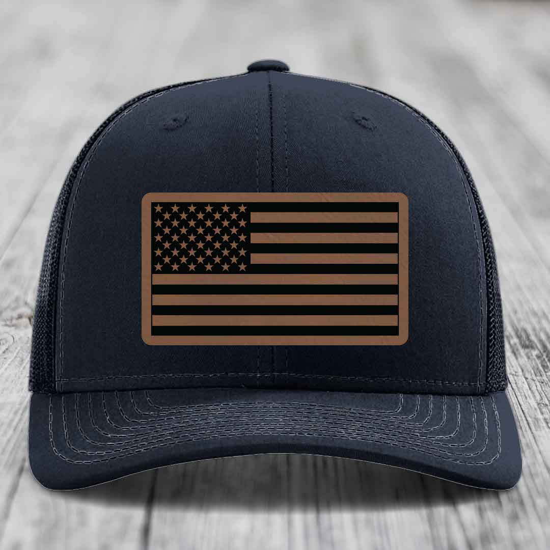 American Flag - Leather Patch Hat - Dark Brown to Black Patch - Richardson 112 Snapback Trucker Hat