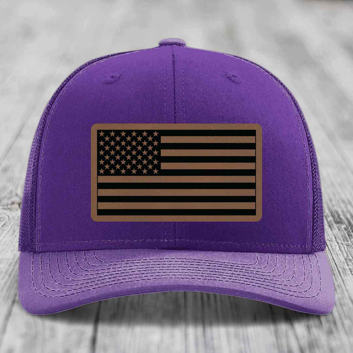 American Flag - Leather Patch Hat - Dark Brown to Black Patch - Richardson 112 Snapback Trucker Hat
