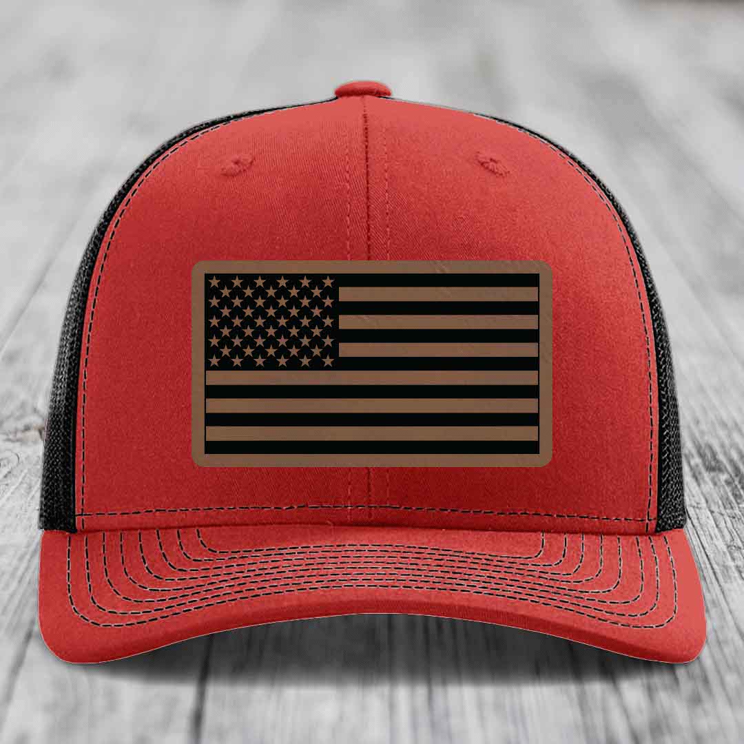 American Flag - Leather Patch Hat - Dark Brown to Black Patch - Richardson 112 Snapback Trucker Hat
