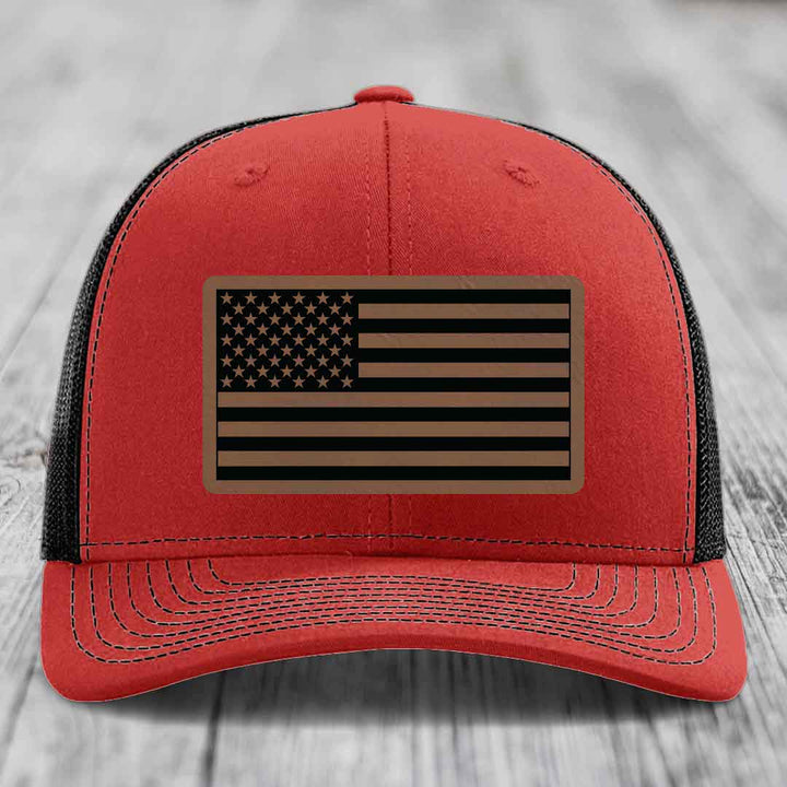 American Flag - Leather Patch Hat - Dark Brown to Black Patch - Richardson 112 Snapback Trucker Hat