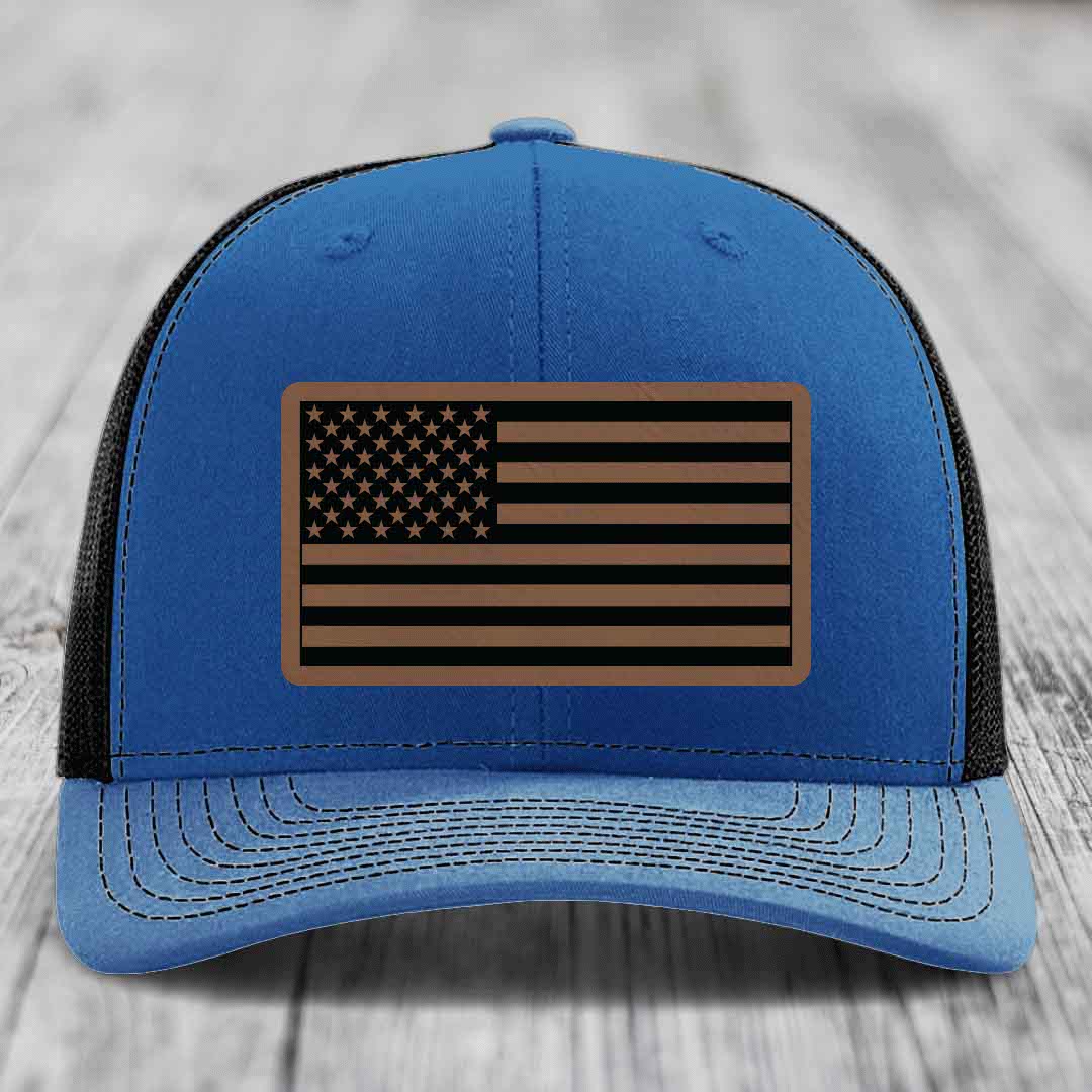 American Flag - Leather Patch Hat - Dark Brown to Black Patch - Richardson 112 Snapback Trucker Hat