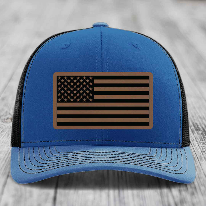 American Flag - Leather Patch Hat - Dark Brown to Black Patch - Richardson 112 Snapback Trucker Hat