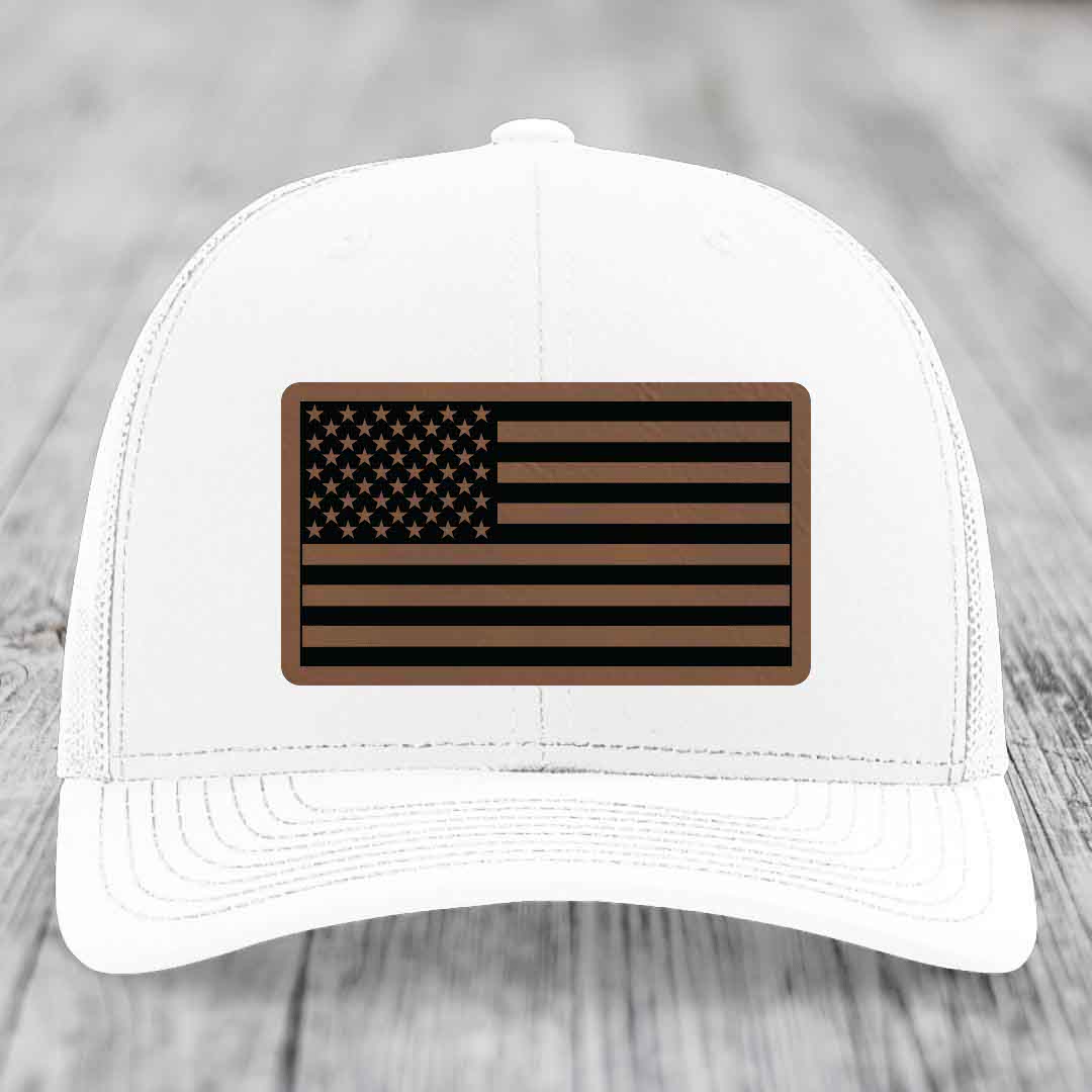 American Flag - Leather Patch Hat - Dark Brown to Black Patch - Richardson 112 Snapback Trucker Hat