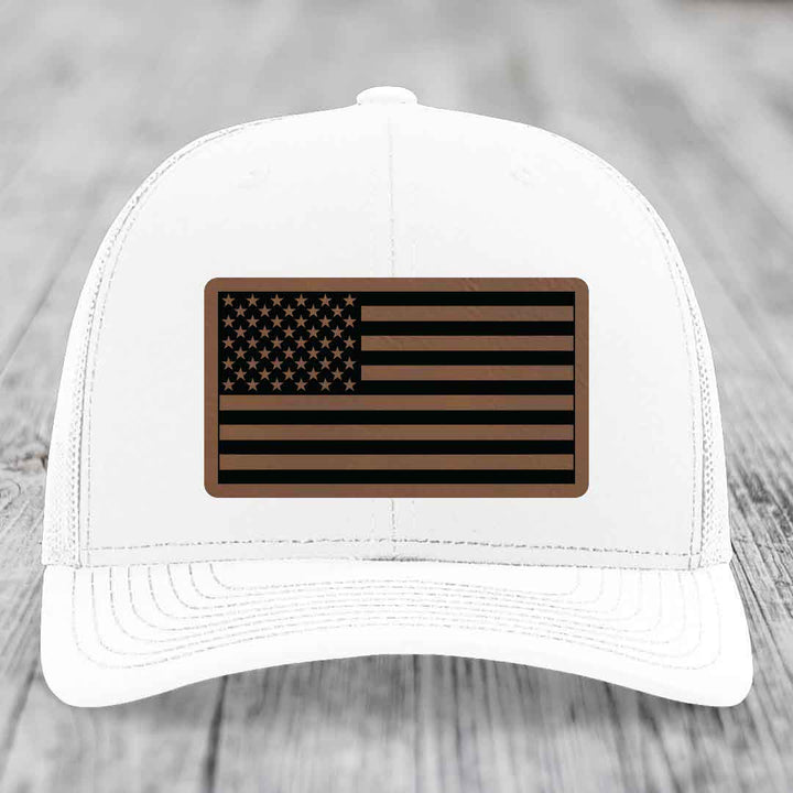 American Flag - Leather Patch Hat - Dark Brown to Black Patch - Richardson 112 Snapback Trucker Hat