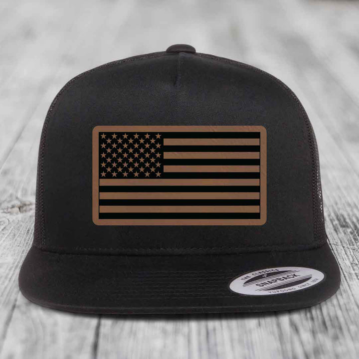 American Flag - Leather Patch Hat - Dark Brown to Black Patch - Yupoong 6006 Snapback Flatbill Hat