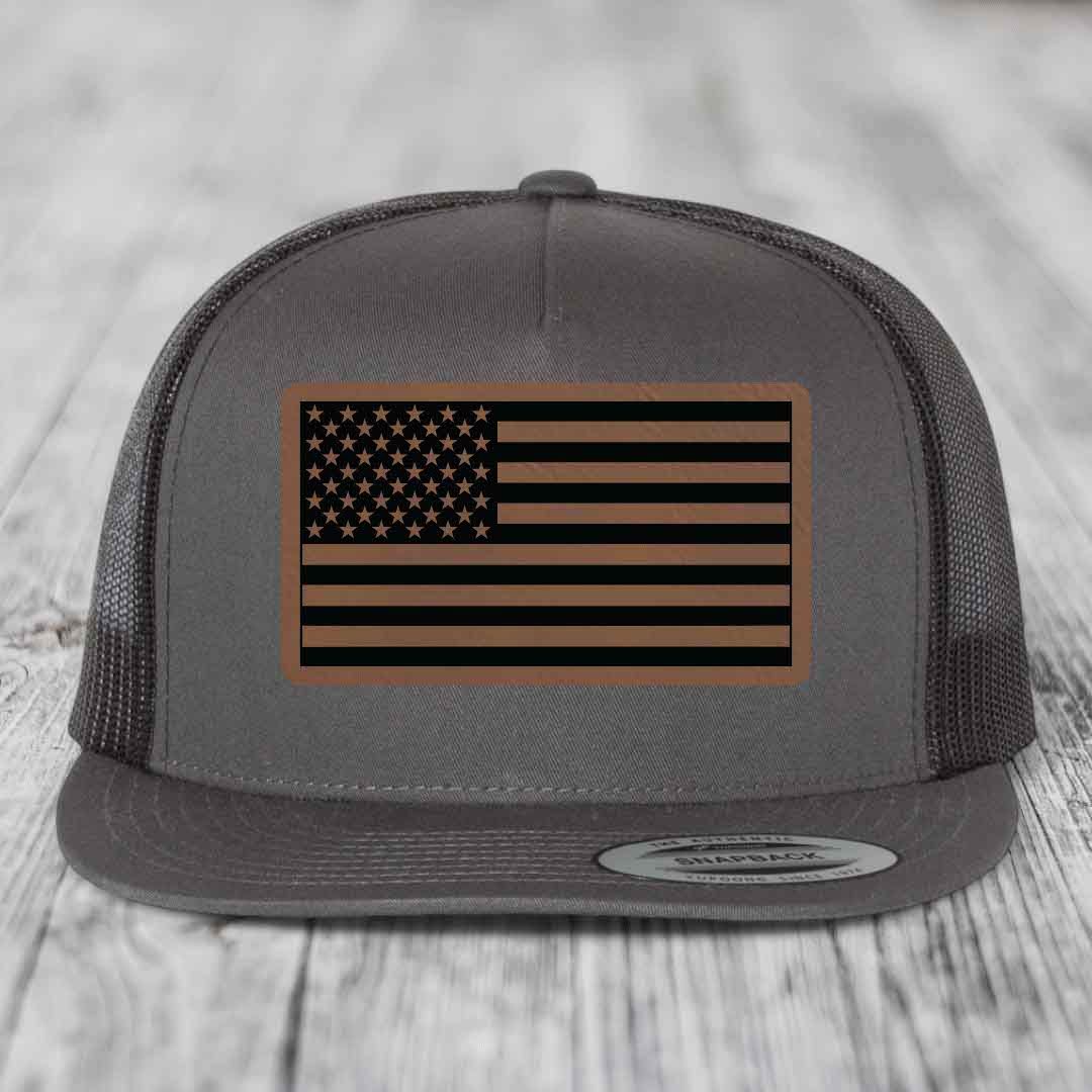 American Flag - Leather Patch Hat - Dark Brown to Black Patch - Yupoong 6006 Snapback Flatbill Hat