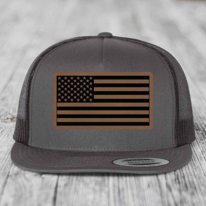 American Flag - Leather Patch Hat - Dark Brown to Black Patch - Yupoong 6006 Snapback Flatbill Hat