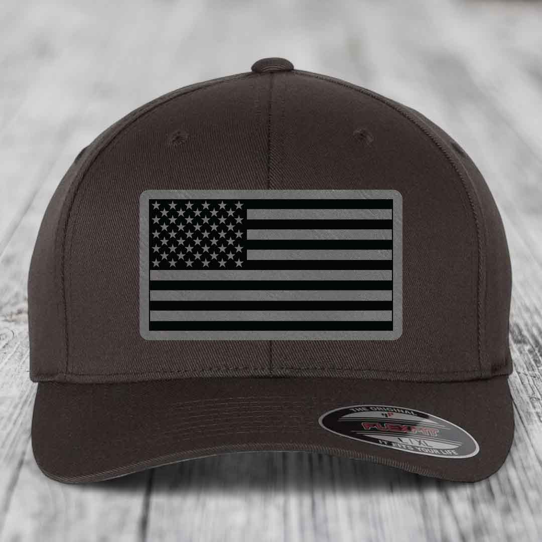 American Flag - Leather Patch Hat - Grey to Black Patch - Flexfit 6277 Fitted Hat