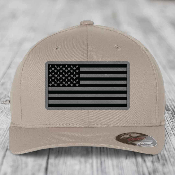 American Flag - Leather Patch Hat - Grey to Black Patch - Flexfit 6277 Fitted Hat