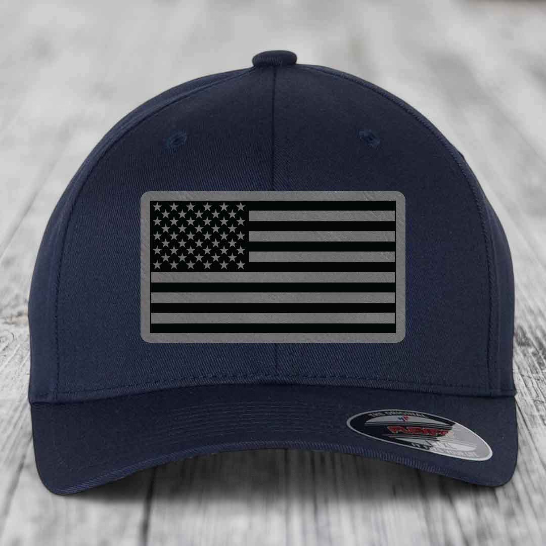 American Flag - Leather Patch Hat - Grey to Black Patch - Flexfit 6277 Fitted Hat