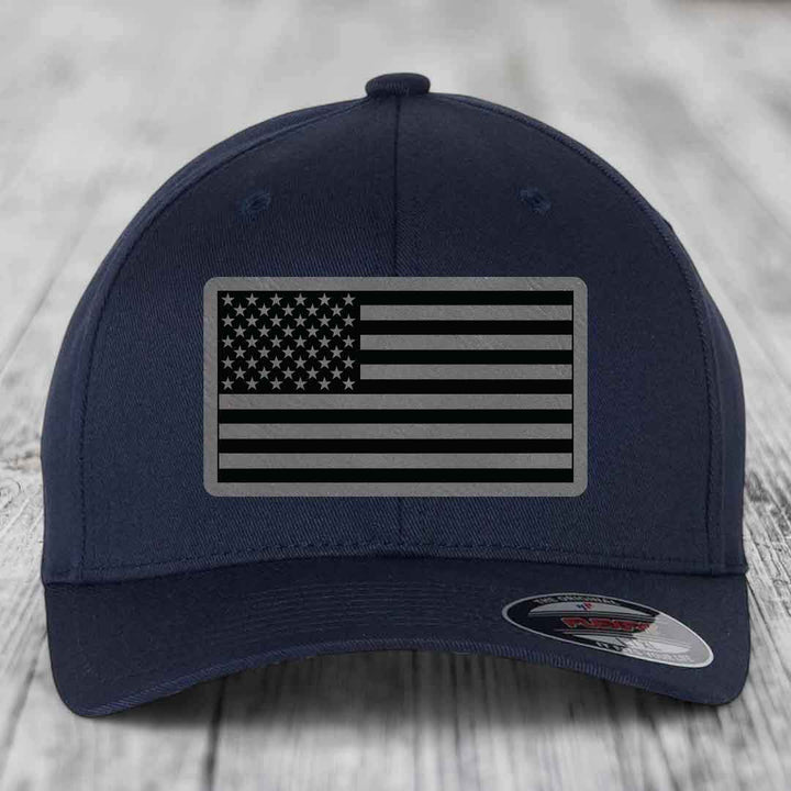 American Flag - Leather Patch Hat - Grey to Black Patch - Flexfit 6277 Fitted Hat