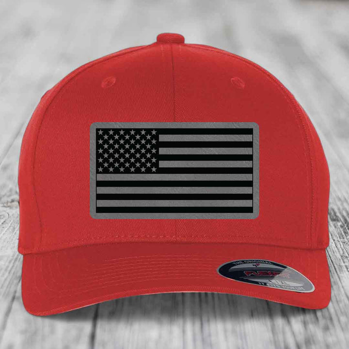 American Flag - Leather Patch Hat - Grey to Black Patch - Flexfit 6277 Fitted Hat