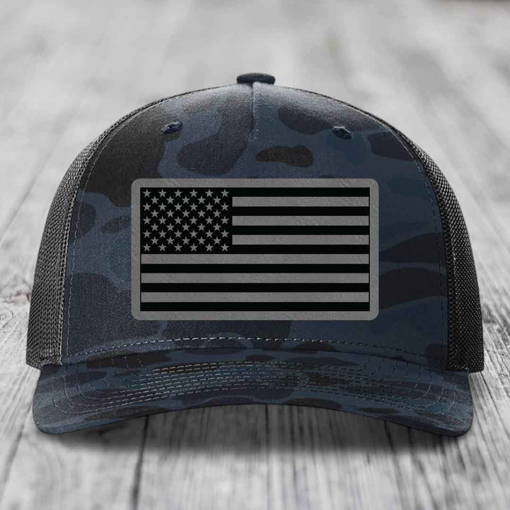 American Flag - Leather Patch Hat - Grey to Black Patch - Richardson 112PFP Snapback Trucker Hat