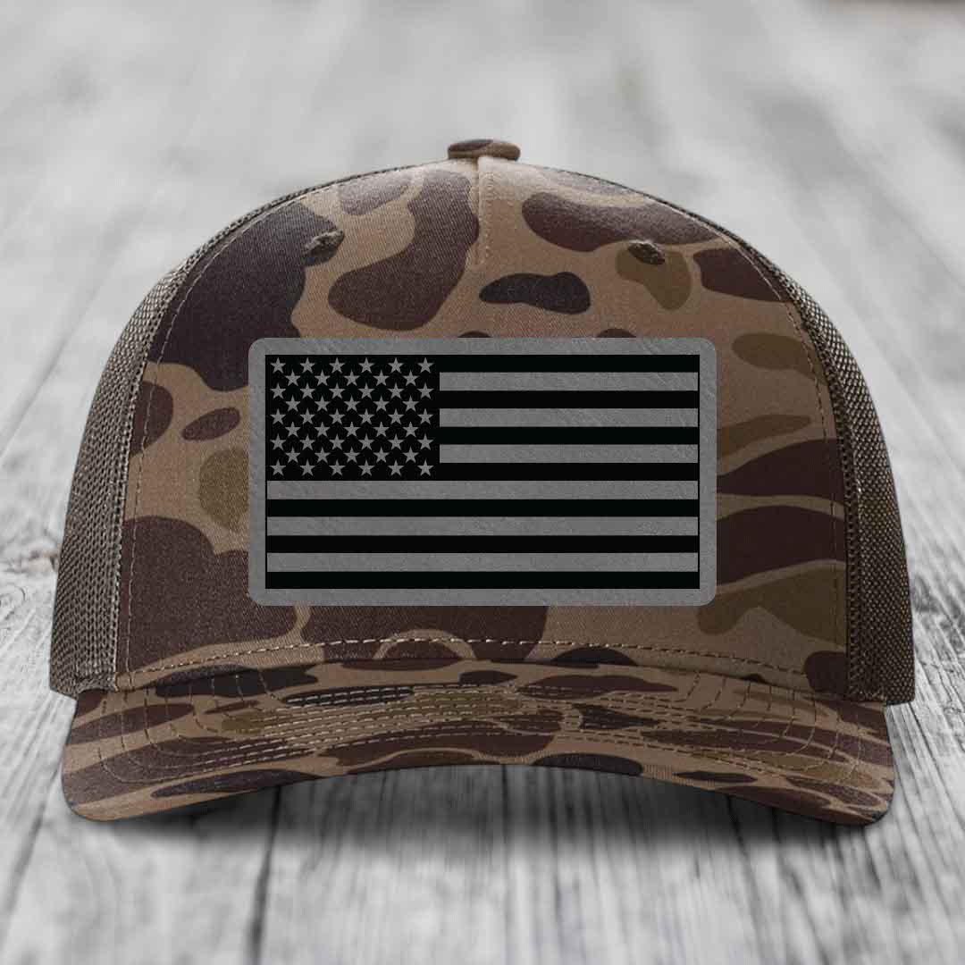American Flag - Leather Patch Hat - Grey to Black Patch - Richardson 112PFP Snapback Trucker Hat