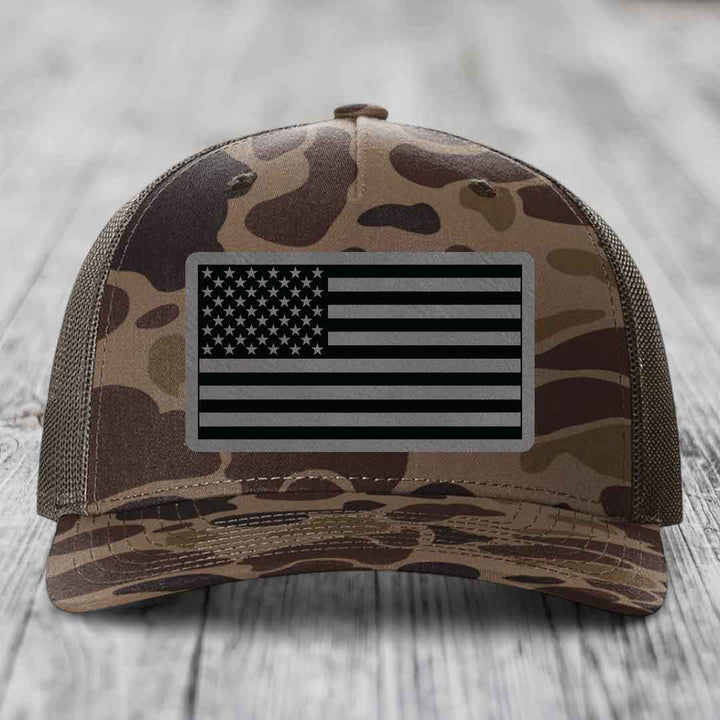 American Flag - Leather Patch Hat - Grey to Black Patch - Richardson 112PFP Snapback Trucker Hat