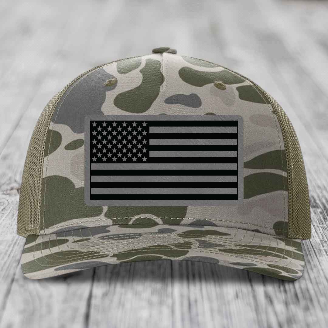 American Flag - Leather Patch Hat - Grey to Black Patch - Richardson 112PFP Snapback Trucker Hat