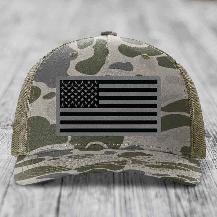 American Flag - Leather Patch Hat - Grey to Black Patch - Richardson 112PFP Snapback Trucker Hat