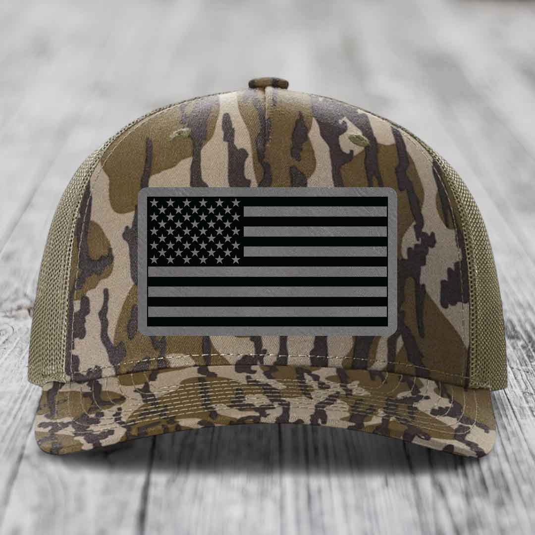 American Flag - Leather Patch Hat - Grey to Black Patch - Richardson 112PFP Snapback Trucker Hat