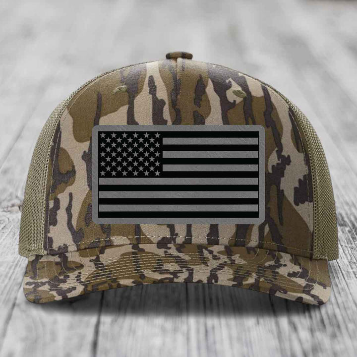 American Flag - Leather Patch Hat - Grey to Black Patch - Richardson 112PFP Snapback Trucker Hat