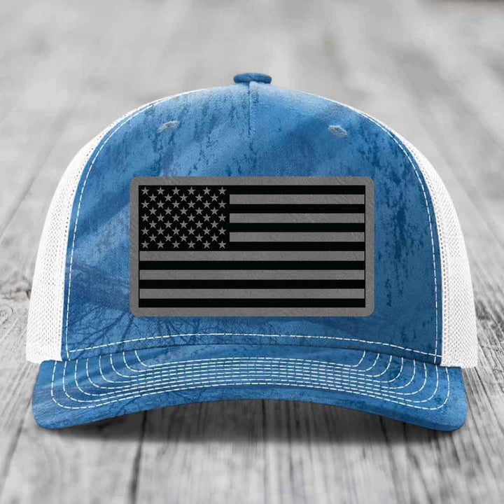 American Flag - Leather Patch Hat - Grey to Black Patch - Richardson 112PFP Snapback Trucker Hat