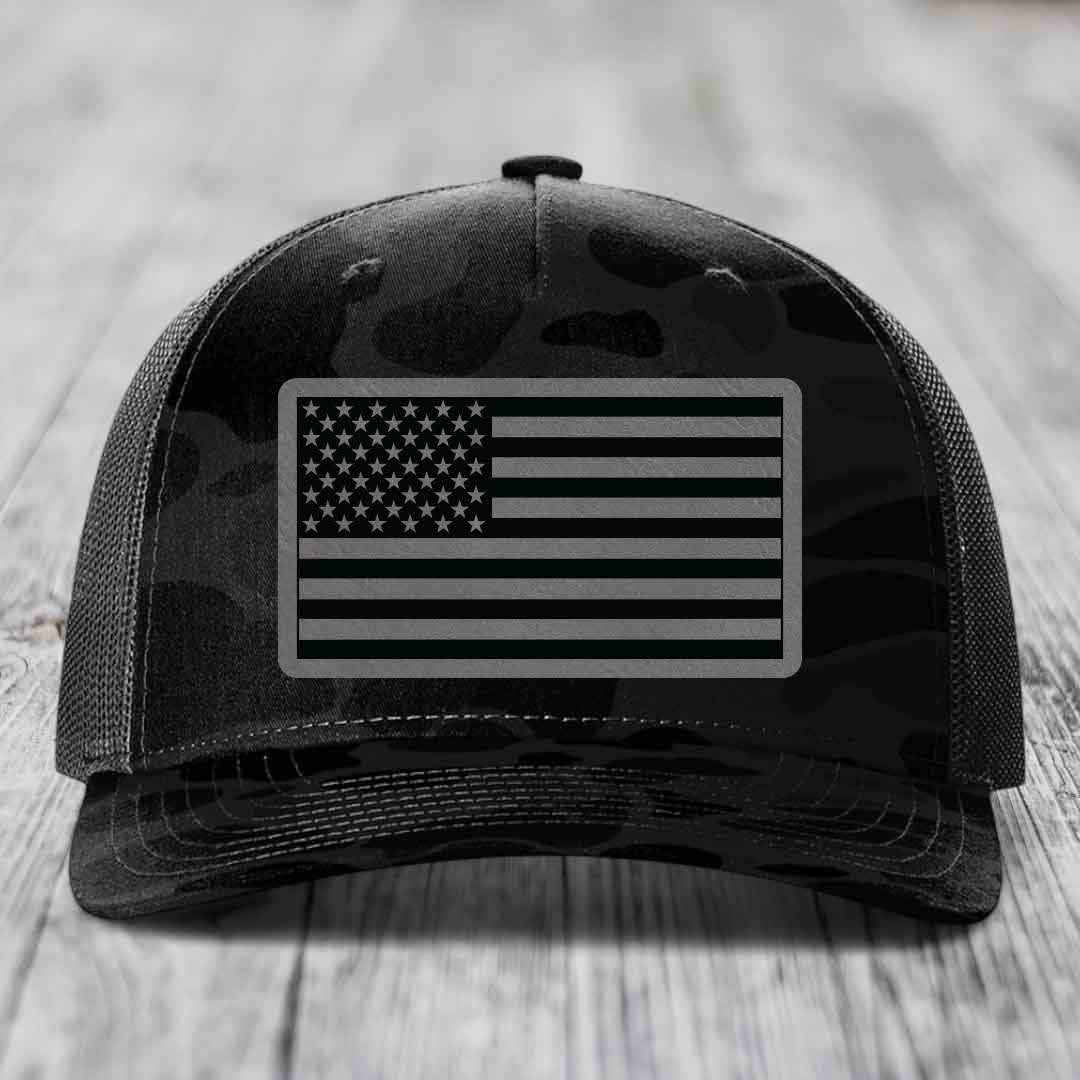 American Flag - Leather Patch Hat - Grey to Black Patch - Richardson 112PFP Snapback Trucker Hat